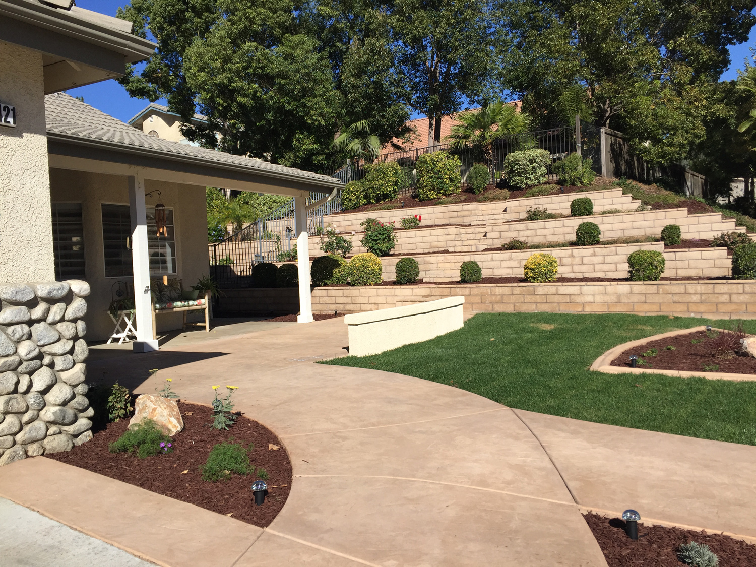 Front yard design with concrete walkways and sitting wall in Temecula McCabe's Landscape Construction
