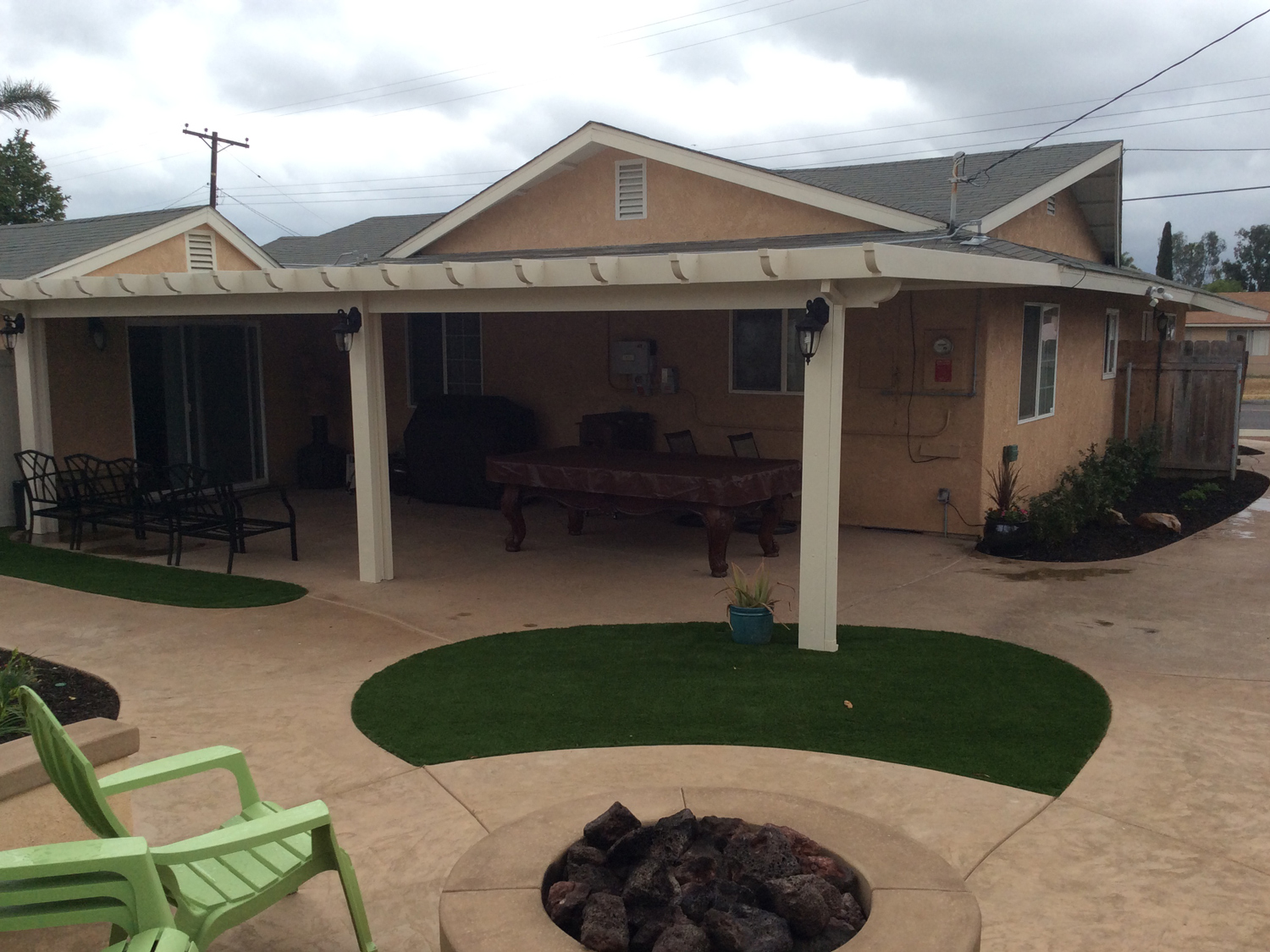 Alumawood patio cover with lights in Oceanside McCabe's Landscape Construction