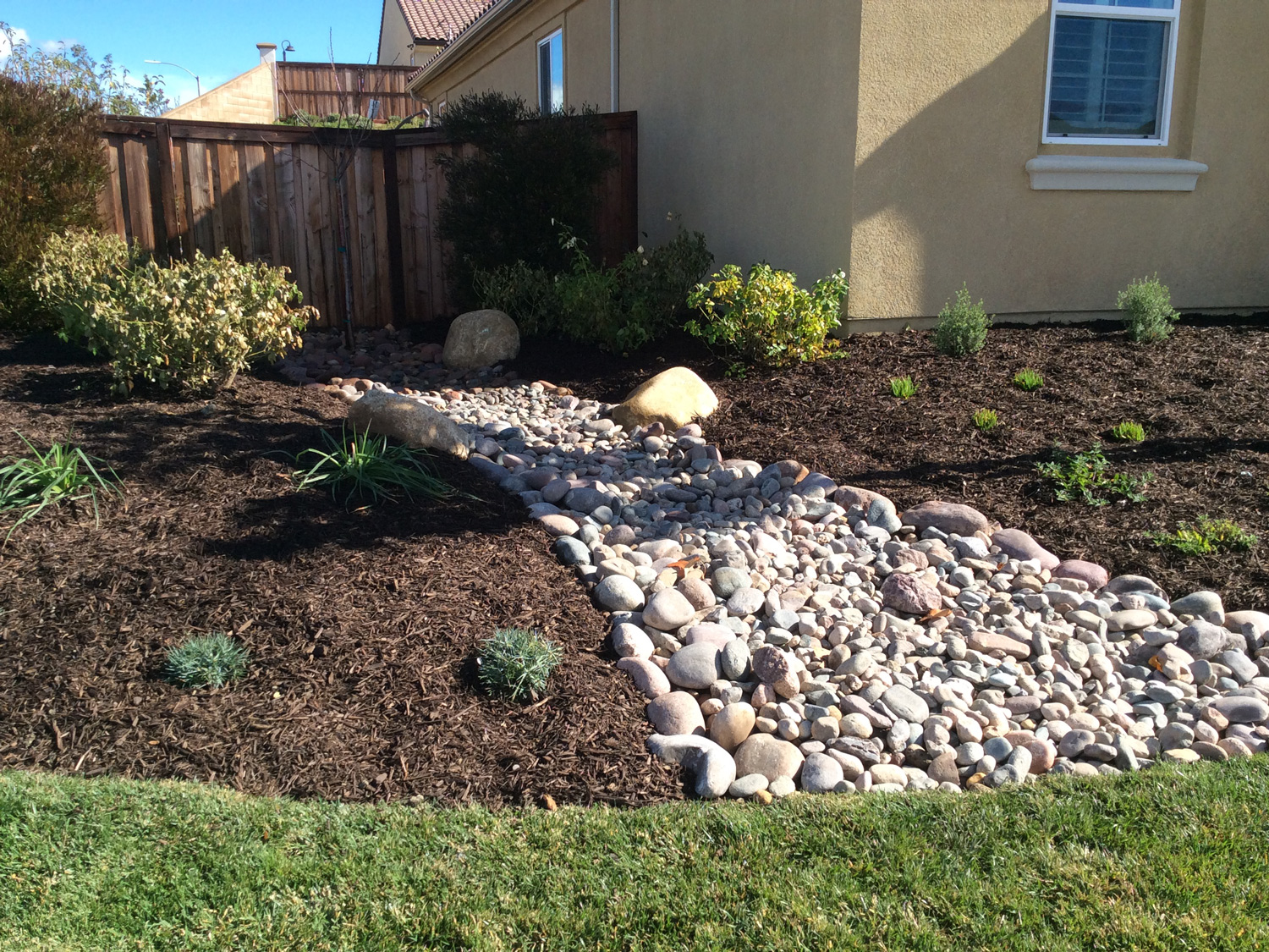 backyard landscaping with grass and mulch bed with a river rock bed in the middle.