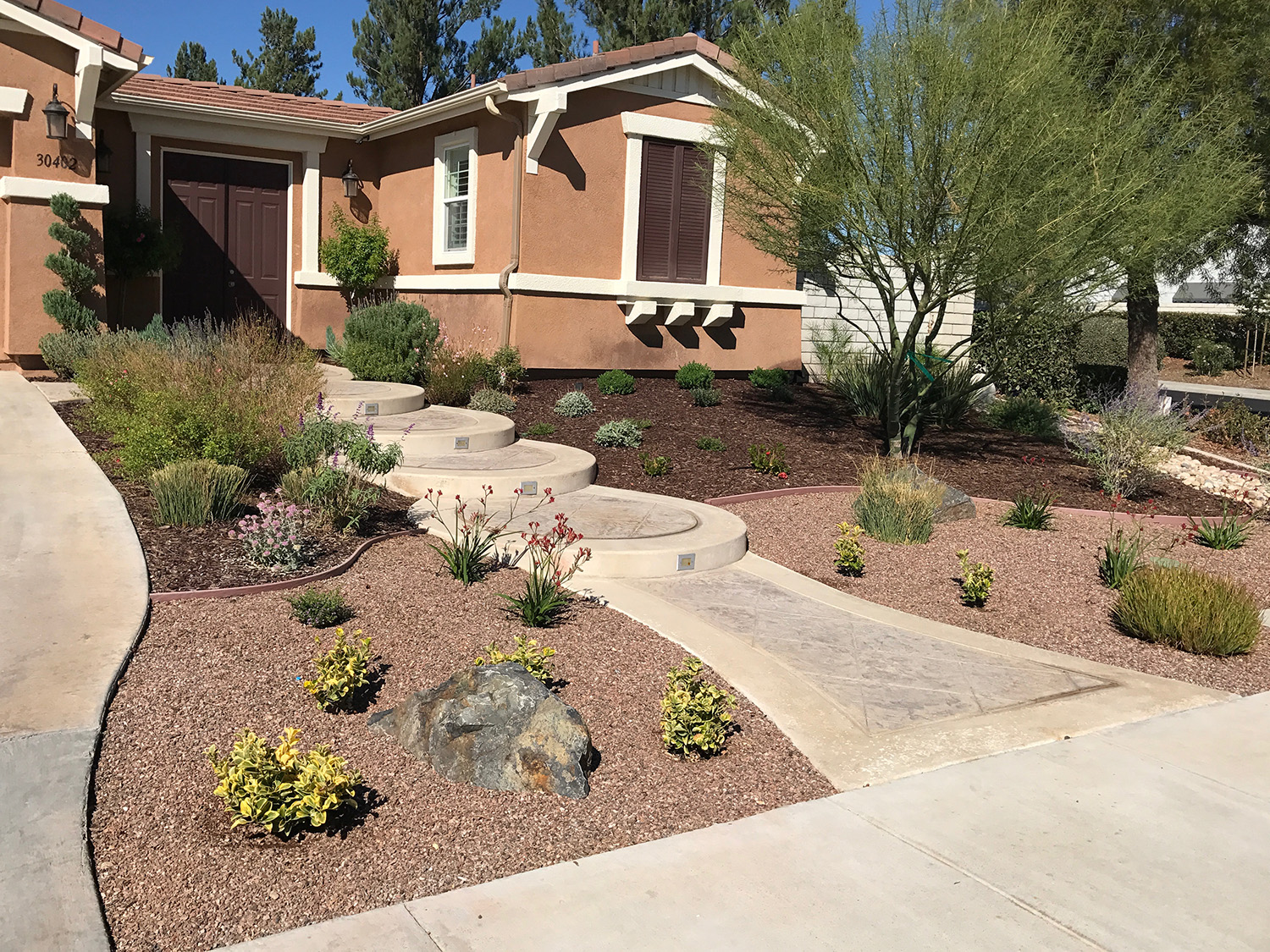 Front yard with gravel and drought tolerant plants