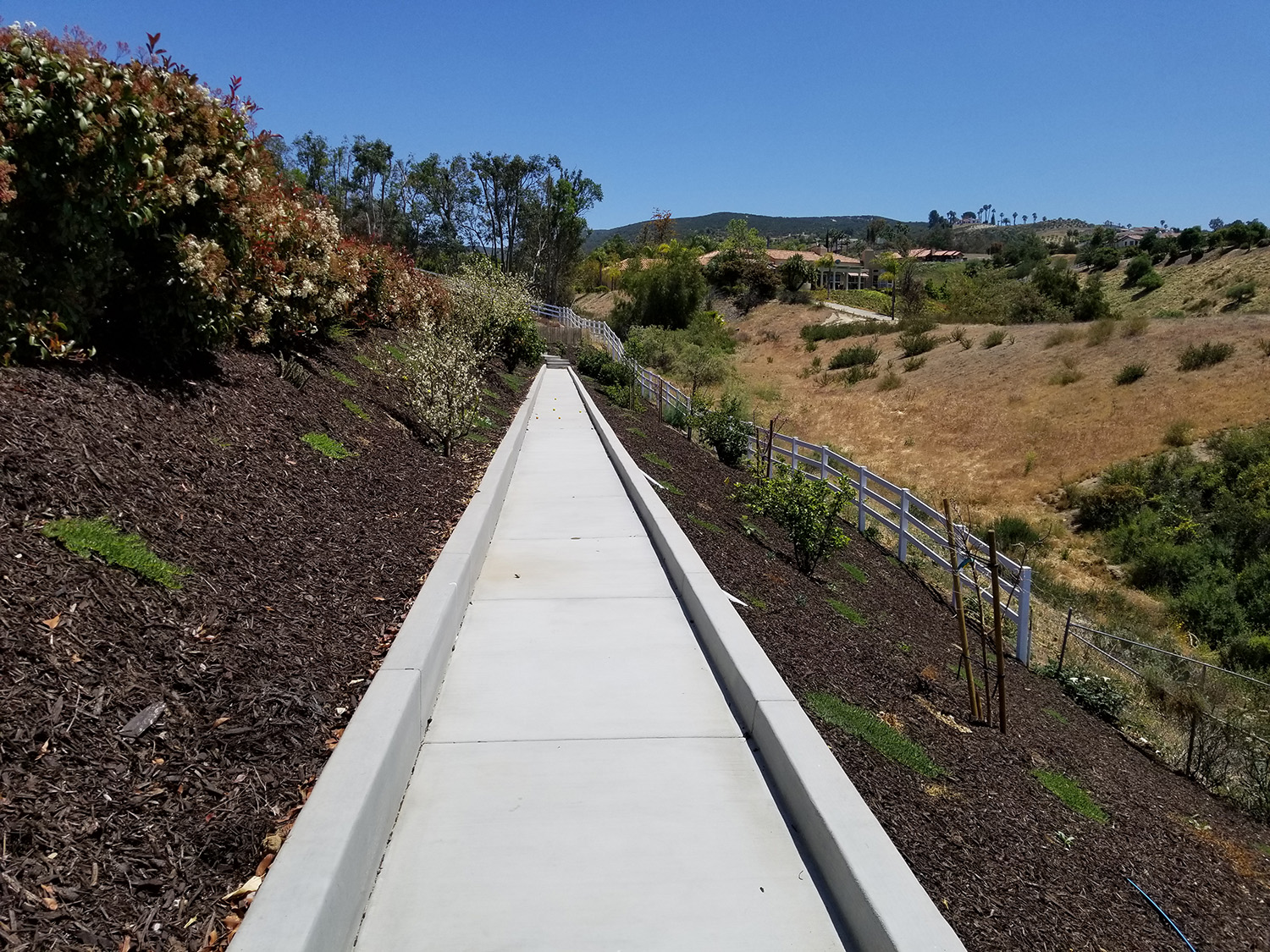 Concrete pathway with concrete retaining walls and curbs