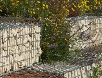 Gabion wall with flowers