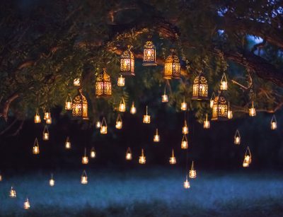 Night garden with solar powered lights and lanterns