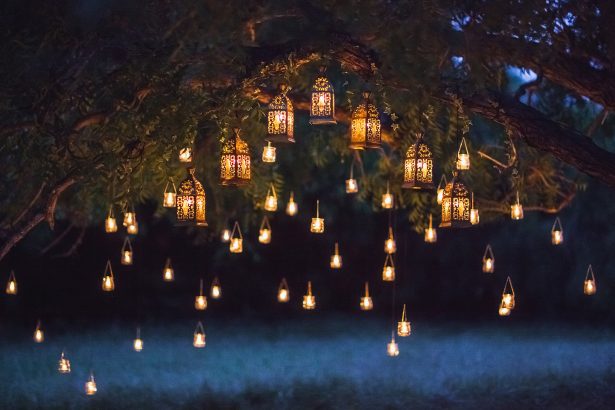 Night garden with solar powered lights and lanterns