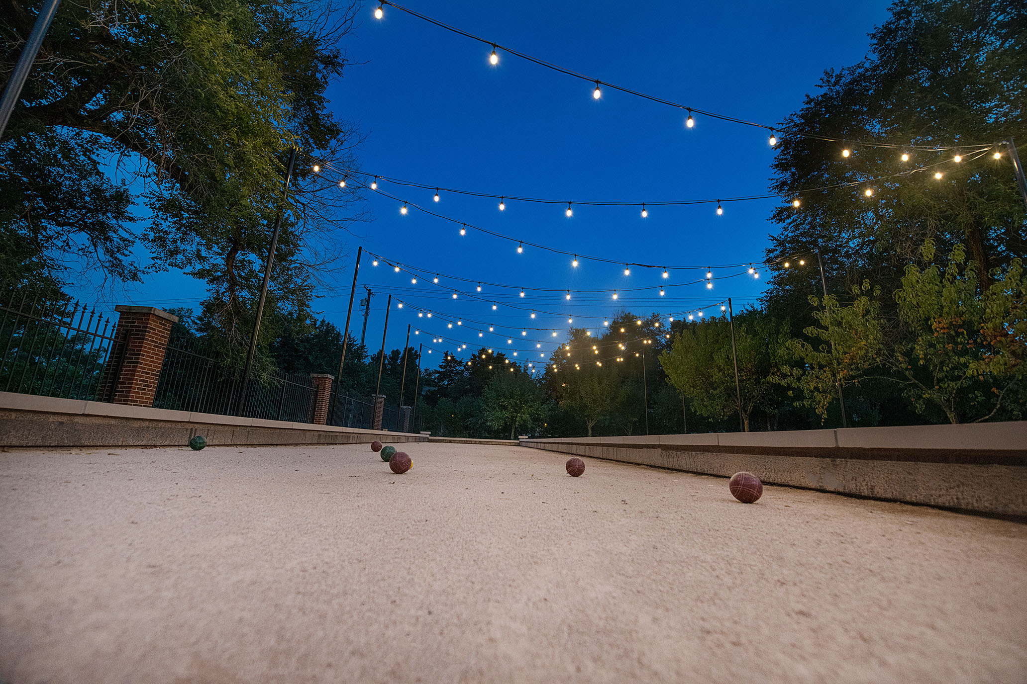 Bocce Ball court with Edison lights
